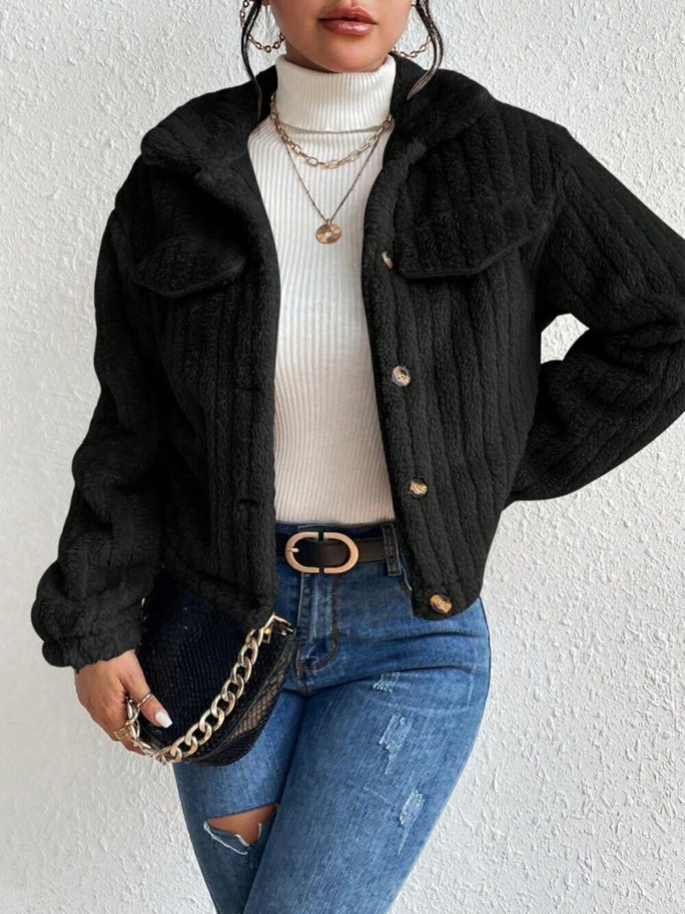 Black Casual Women's Flap Detail Button Front Flannel Jacket